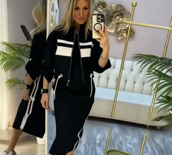 Women’s Stand Collar Zip Jacket and Side Stripe Midi Dress Set