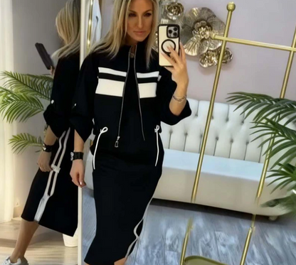 Women’s Stand Collar Zip Jacket and Side Stripe Midi Dress Set