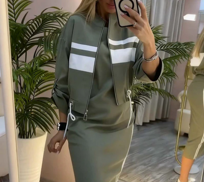 Women’s Stand Collar Zip Jacket and Side Stripe Midi Dress Set