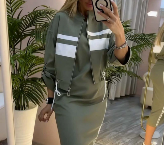 Women’s Stand Collar Zip Jacket and Side Stripe Midi Dress Set
