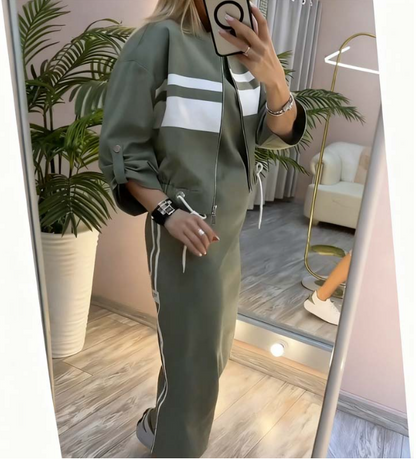 Women’s Stand Collar Zip Jacket and Side Stripe Midi Dress Set