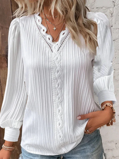 Women’s Pleated V Neck Lace Trim Blouse