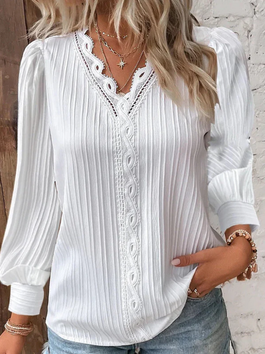 Women’s Pleated V Neck Lace Trim Blouse
