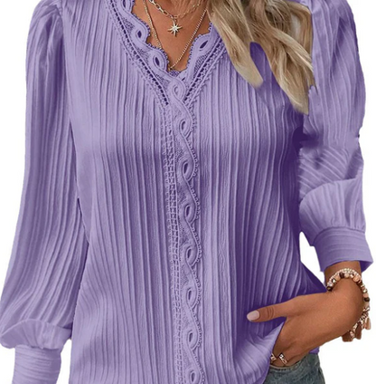 Women’s Pleated V Neck Lace Trim Blouse
