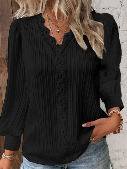 Women’s Pleated V Neck Lace Trim Blouse