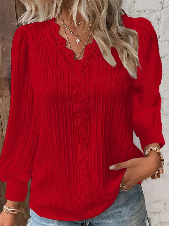 Women’s Pleated V Neck Lace Trim Blouse