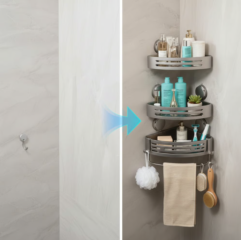 No Drill Corner Shower Shelves with Strong Suction Hold