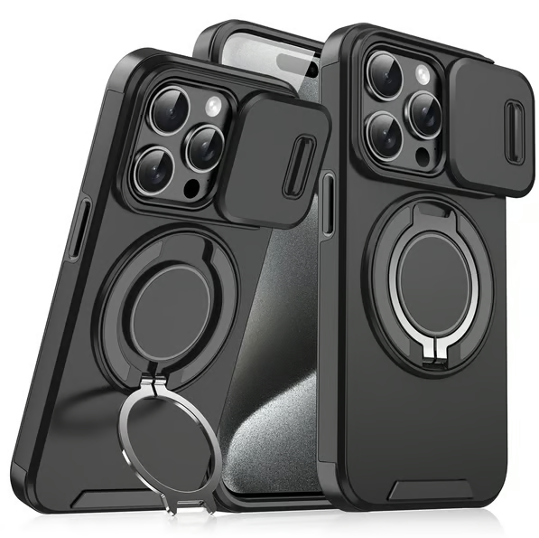 Slide Camera Cover Ring Kickstand Shockproof Case for iPhone 11/12/13/14/15/16/17 Series