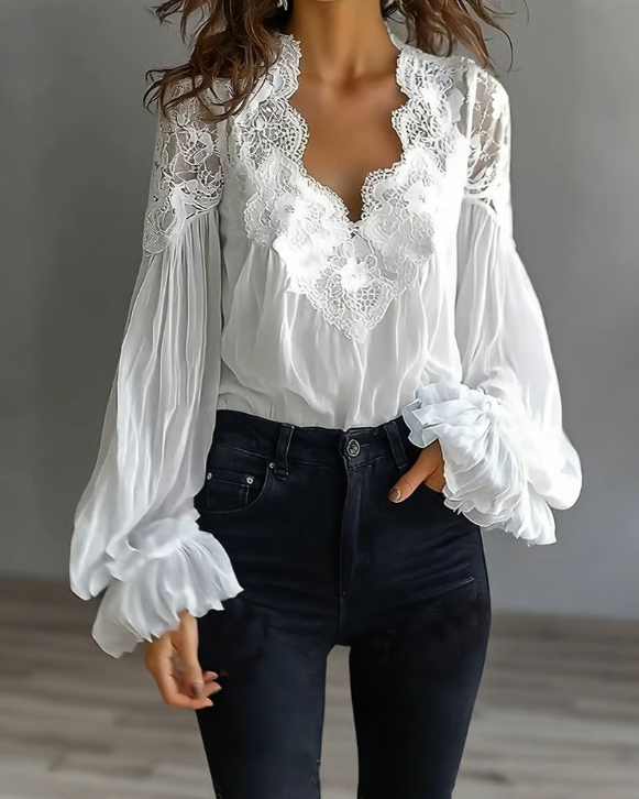 Women’s Floral Lace Scallop Neck Lantern Sleeve Blouse