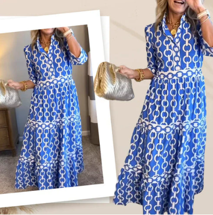 Women’s Geometric Print V Neck Tiered Maxi Dress with Pockets