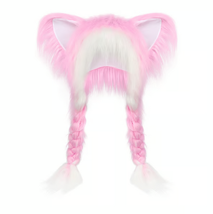 Soft Faux Fur Animal Ear Hat with Plush Braids