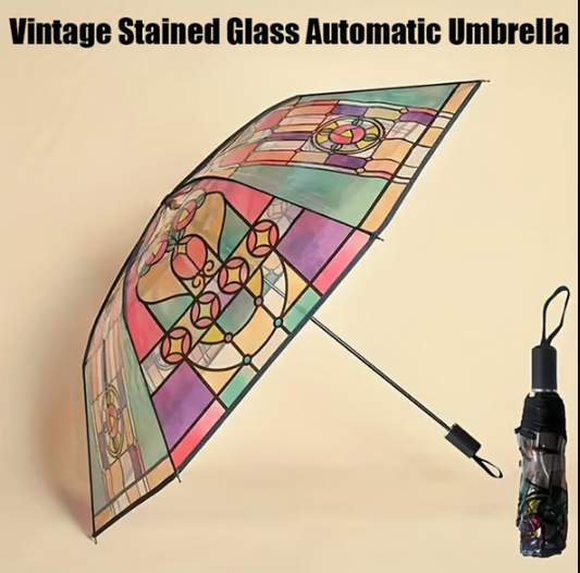 Automatic Clear Umbrella With Stained Glass Inspired Print