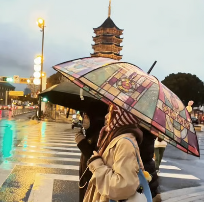 Automatic Clear Umbrella With Stained Glass Inspired Print