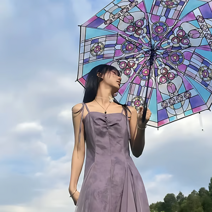Automatic Clear Umbrella With Stained Glass Inspired Print