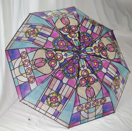 Automatic Clear Umbrella With Stained Glass Inspired Print