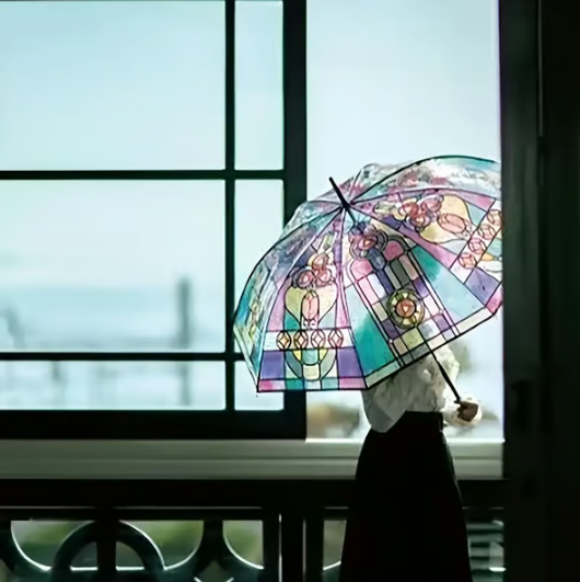 Automatic Clear Umbrella With Stained Glass Inspired Print