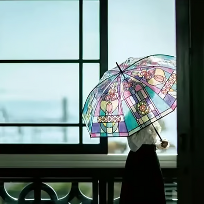 Automatic Clear Umbrella With Stained Glass Inspired Print