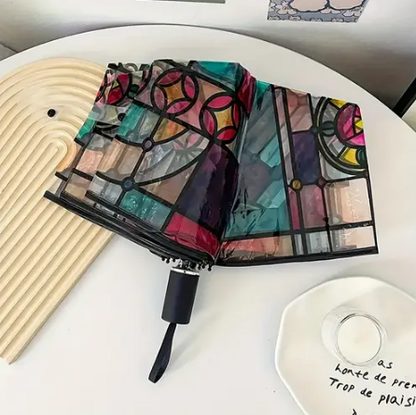 Automatic Clear Umbrella With Stained Glass Inspired Print