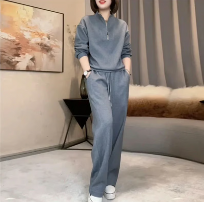 Women’s Cropped Half Zip Sweatshirt And Wide Leg Trousers Set