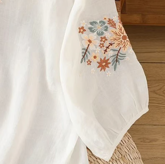 Women’s Loose Embroidered Summer Top with 3/4 Sleeves
