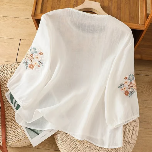 Women’s Loose Embroidered Summer Top with 3/4 Sleeves