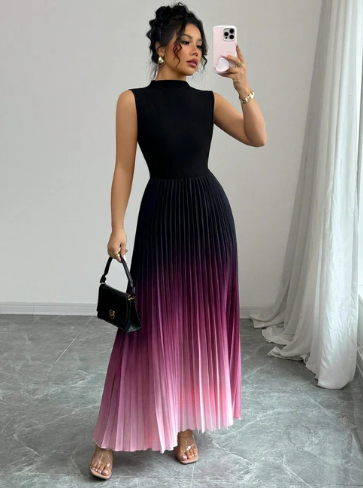 Women’s Gradient Pleated Sleeveless High Neck Maxi Dress
