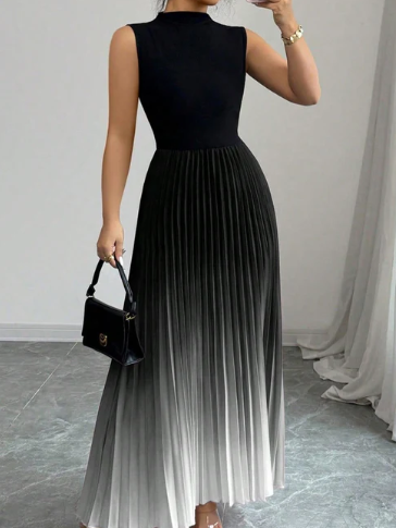 Women’s Gradient Pleated Sleeveless High Neck Maxi Dress