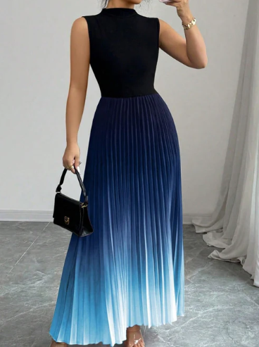 Women’s Gradient Pleated Sleeveless High Neck Maxi Dress