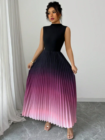 Women’s Gradient Pleated Sleeveless High Neck Maxi Dress