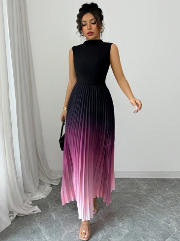 Women’s Gradient Pleated Sleeveless High Neck Maxi Dress