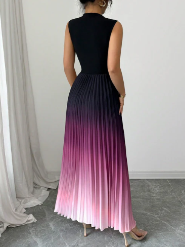 Women’s Gradient Pleated Sleeveless High Neck Maxi Dress