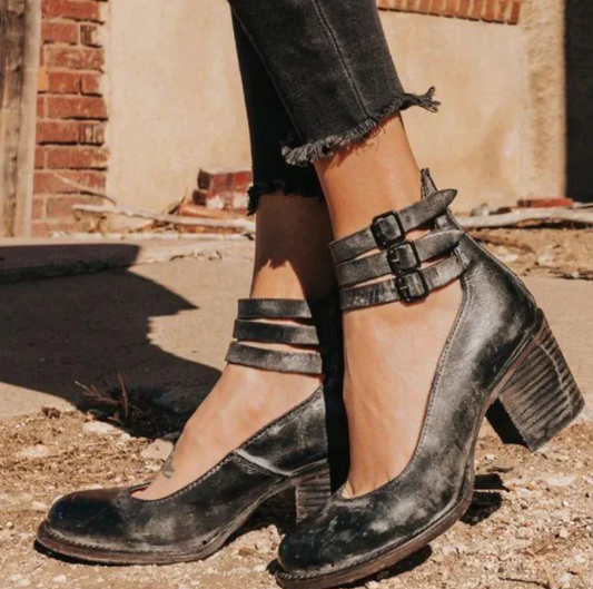 Women’s Vintage Wooden Heel Ankle Strap Shoes