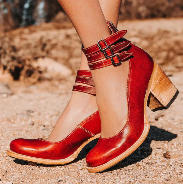 Women’s Vintage Wooden Heel Ankle Strap Shoes
