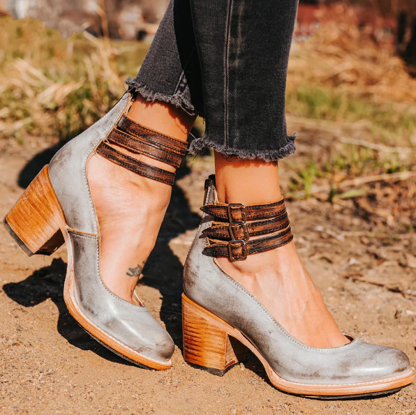 Women’s Vintage Wooden Heel Ankle Strap Shoes