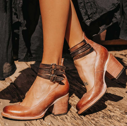 Women’s Vintage Wooden Heel Ankle Strap Shoes