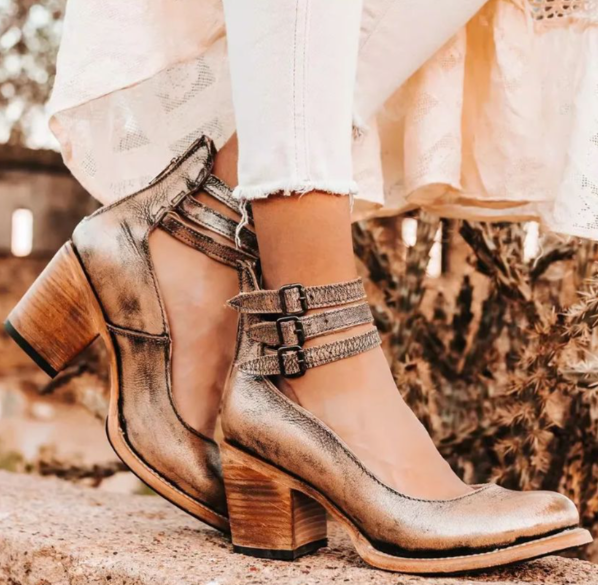 Women’s Vintage Wooden Heel Ankle Strap Shoes