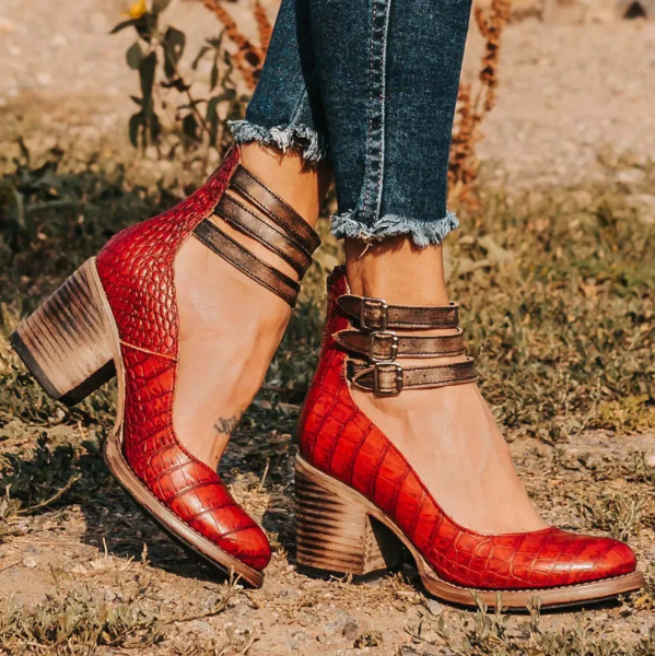 Women’s Vintage Wooden Heel Ankle Strap Shoes