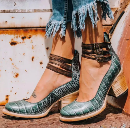 Women’s Vintage Wooden Heel Ankle Strap Shoes