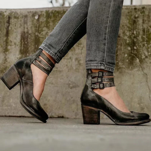 Women’s Vintage Wooden Heel Ankle Strap Shoes