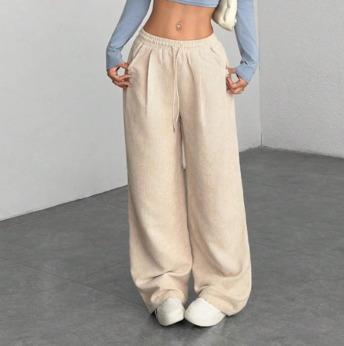 Women’s Wide Leg Corduroy Trousers with Drawstring Waist