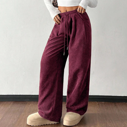 Women’s Wide Leg Corduroy Trousers with Drawstring Waist