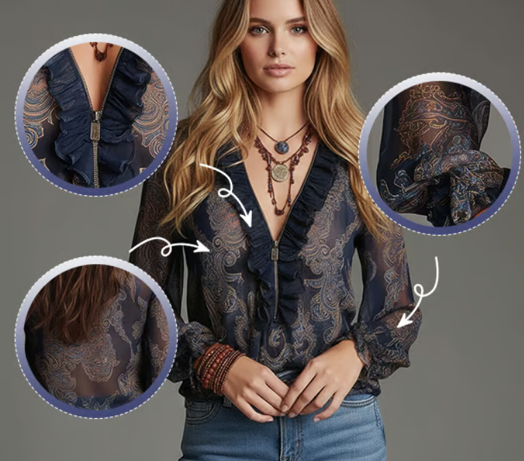 Women’s Half Zip Ruffle Retro Blouse