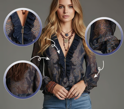 Women’s Half Zip Ruffle Retro Blouse