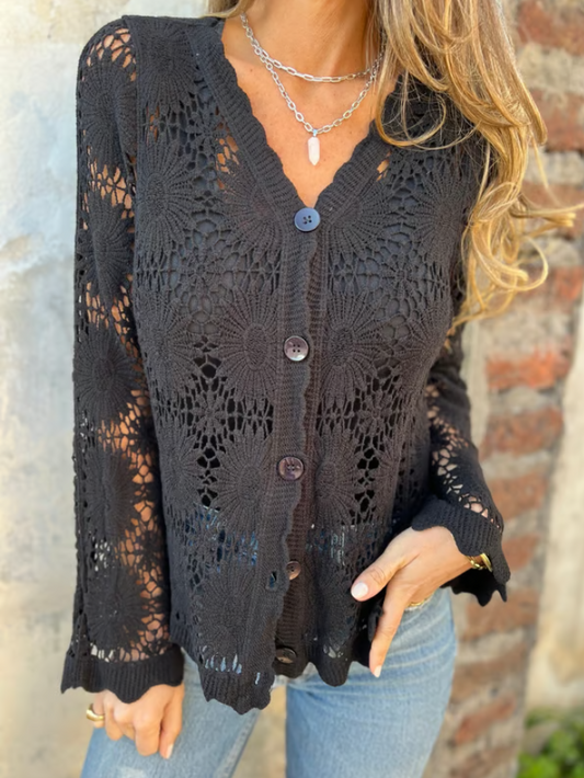 Women’s Embroidered Cutout V-Neck Button Long Sleeve Top