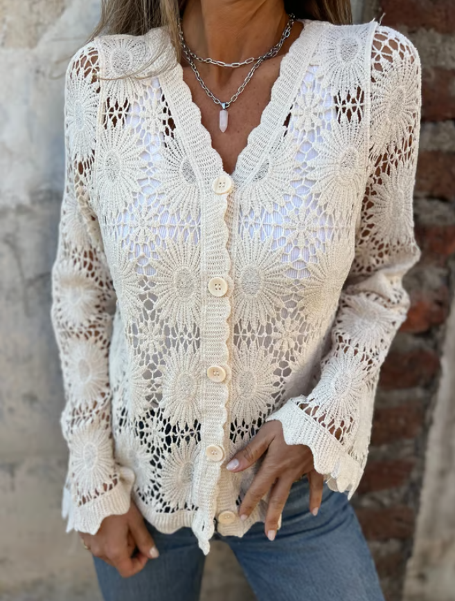 Women’s Embroidered Cutout V-Neck Button Long Sleeve Top