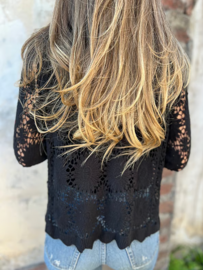 Women’s Embroidered Cutout V-Neck Button Long Sleeve Top