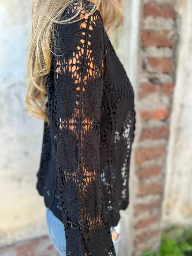 Women’s Embroidered Cutout V-Neck Button Long Sleeve Top