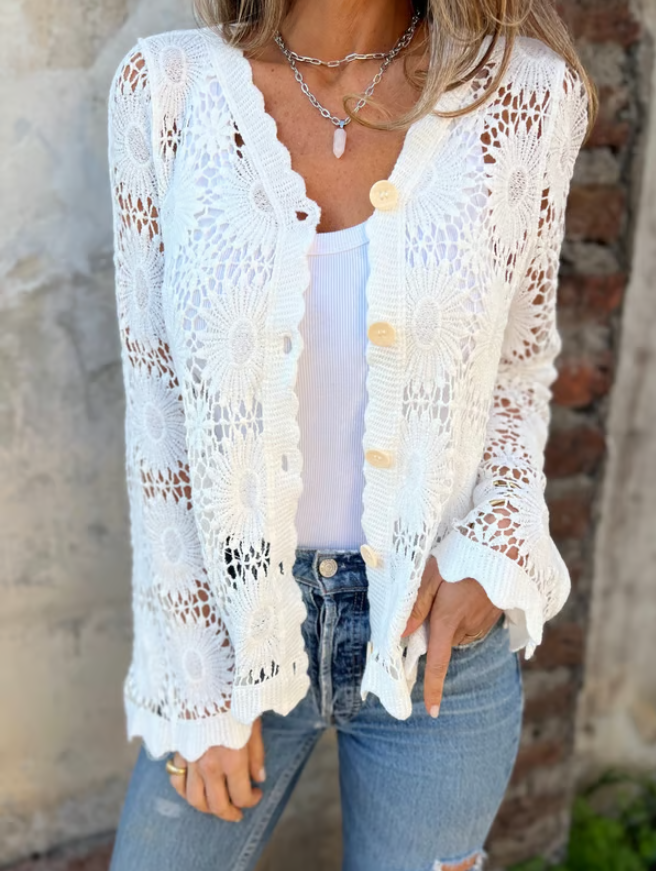 Women’s Embroidered Cutout V-Neck Button Long Sleeve Top