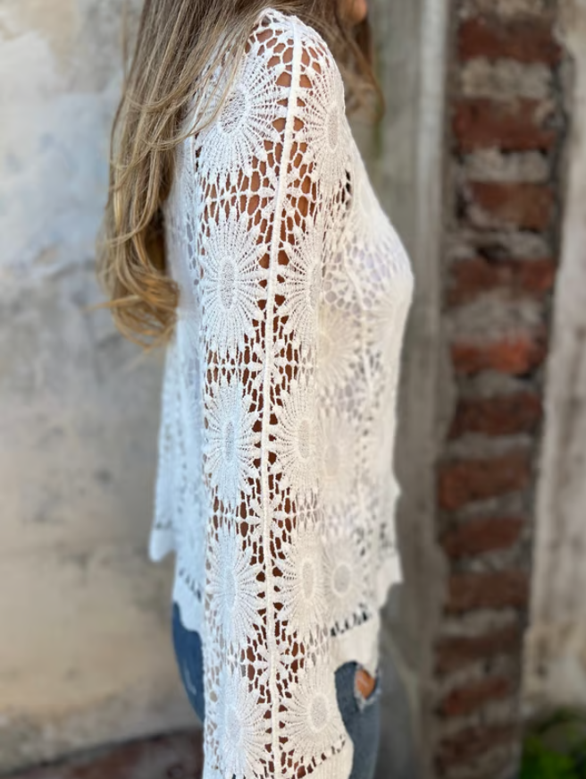 Women’s Embroidered Cutout V-Neck Button Long Sleeve Top