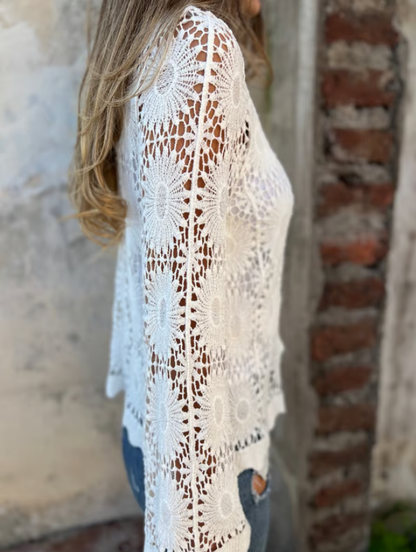 Women’s Embroidered Cutout V-Neck Button Long Sleeve Top